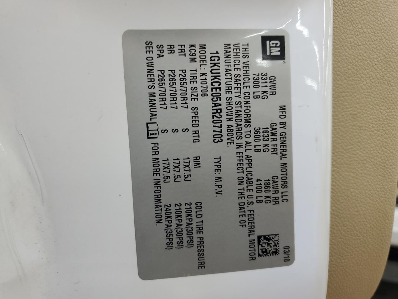 2010 GMC Yukon Slt VIN: 1GKUKCE05AR207703 Lot: 90599445