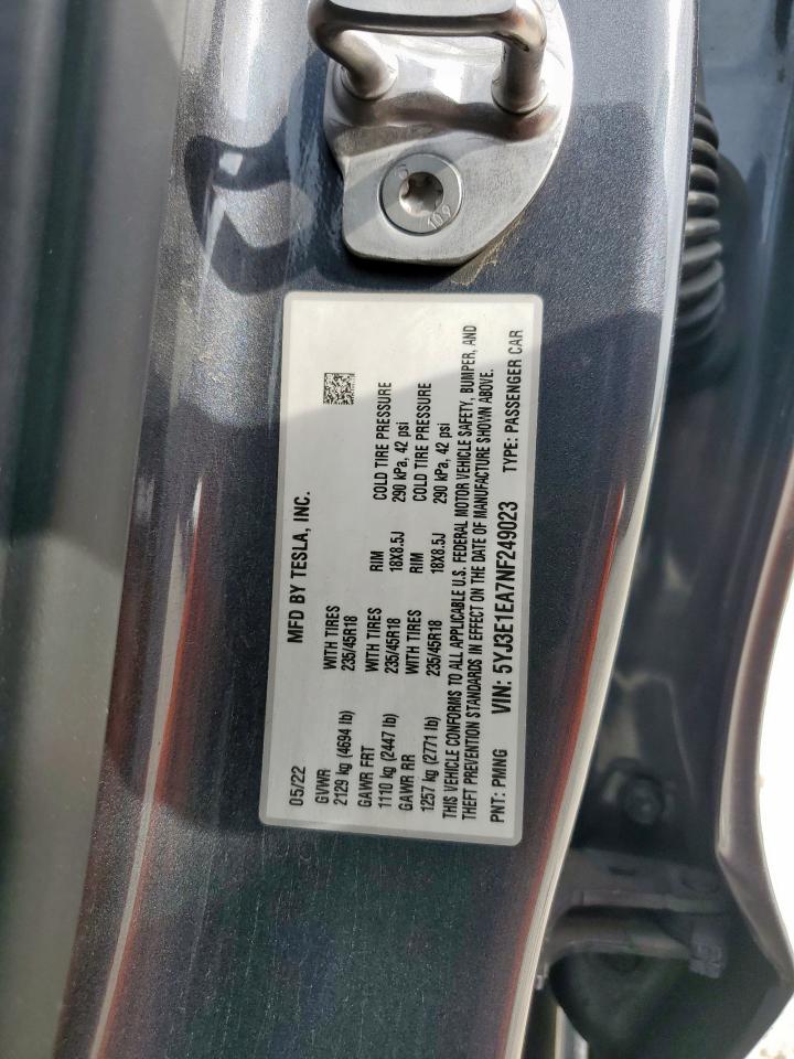 2022 Tesla Model 3 VIN: 5YJ3E1EA7NF249023 Lot: 93208175