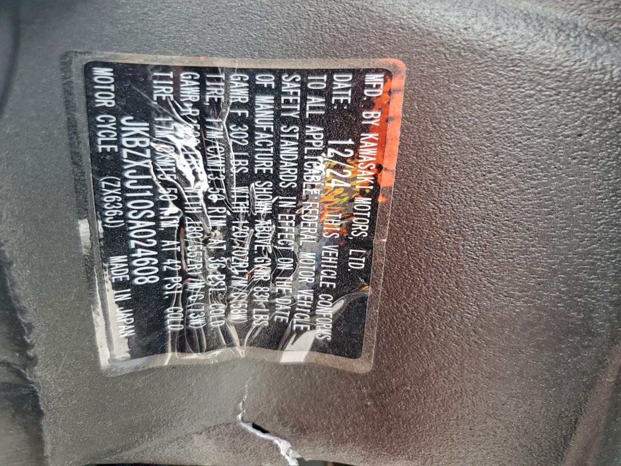 2025 Kawasaki Zx636 K VIN: JKBZXJJ10SA024608 Lot: 93915505