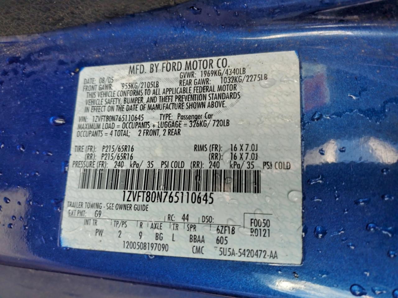 2006 Ford Mustang VIN: 1ZVFT80N765110645 Lot: 93628205