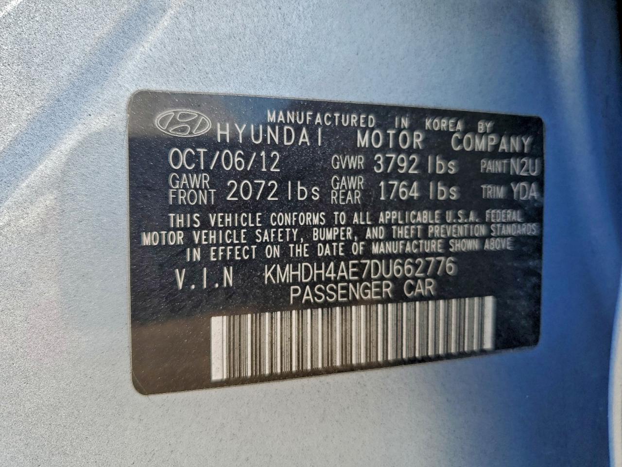 2013 Hyundai Elantra Gls VIN: KMHDH4AE7DU662776 Lot: 94129105