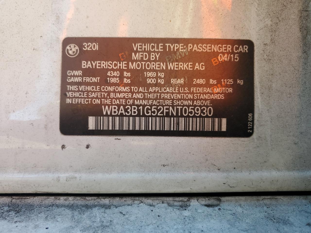 2015 BMW 320 I VIN: WBA3B1G52FNT05930 Lot: 93711195