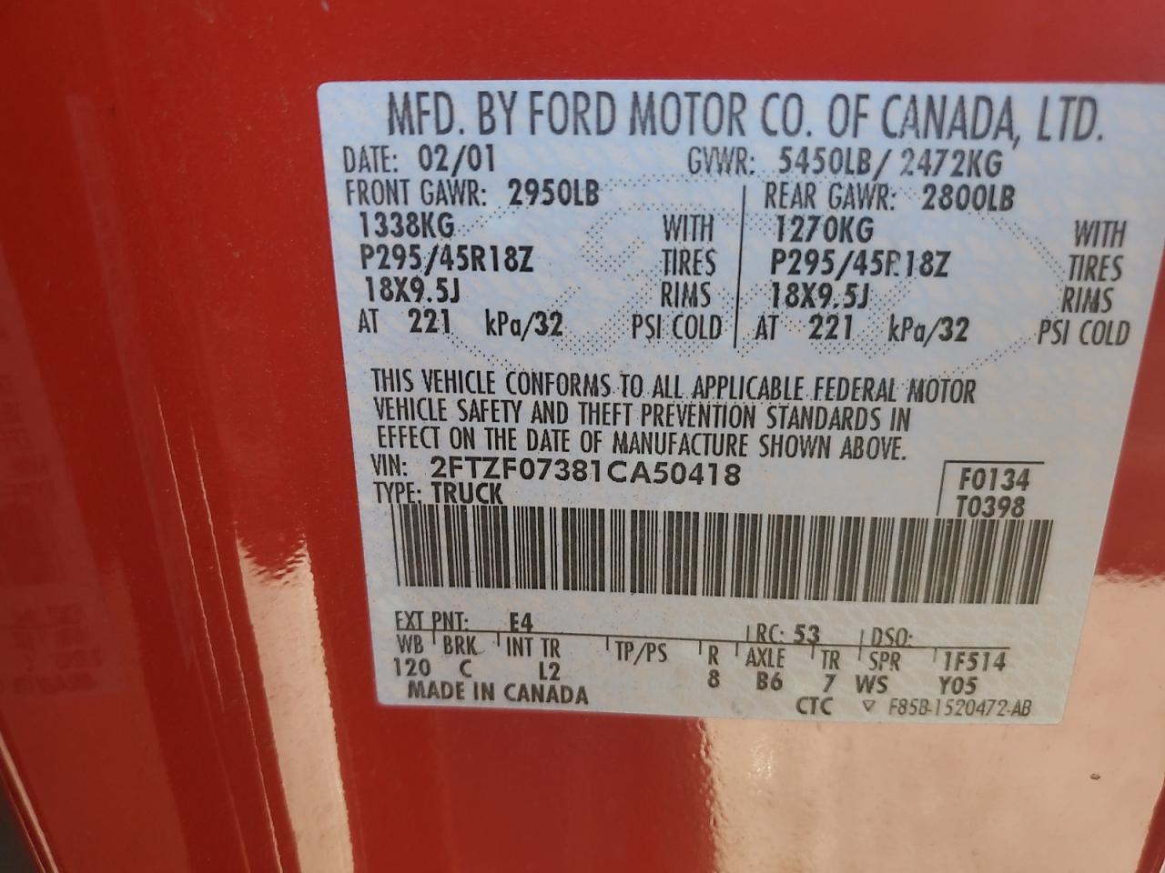 2001 Ford F150 Svt Lightning VIN: 2FTZF07381CA50418 Lot: 91617715