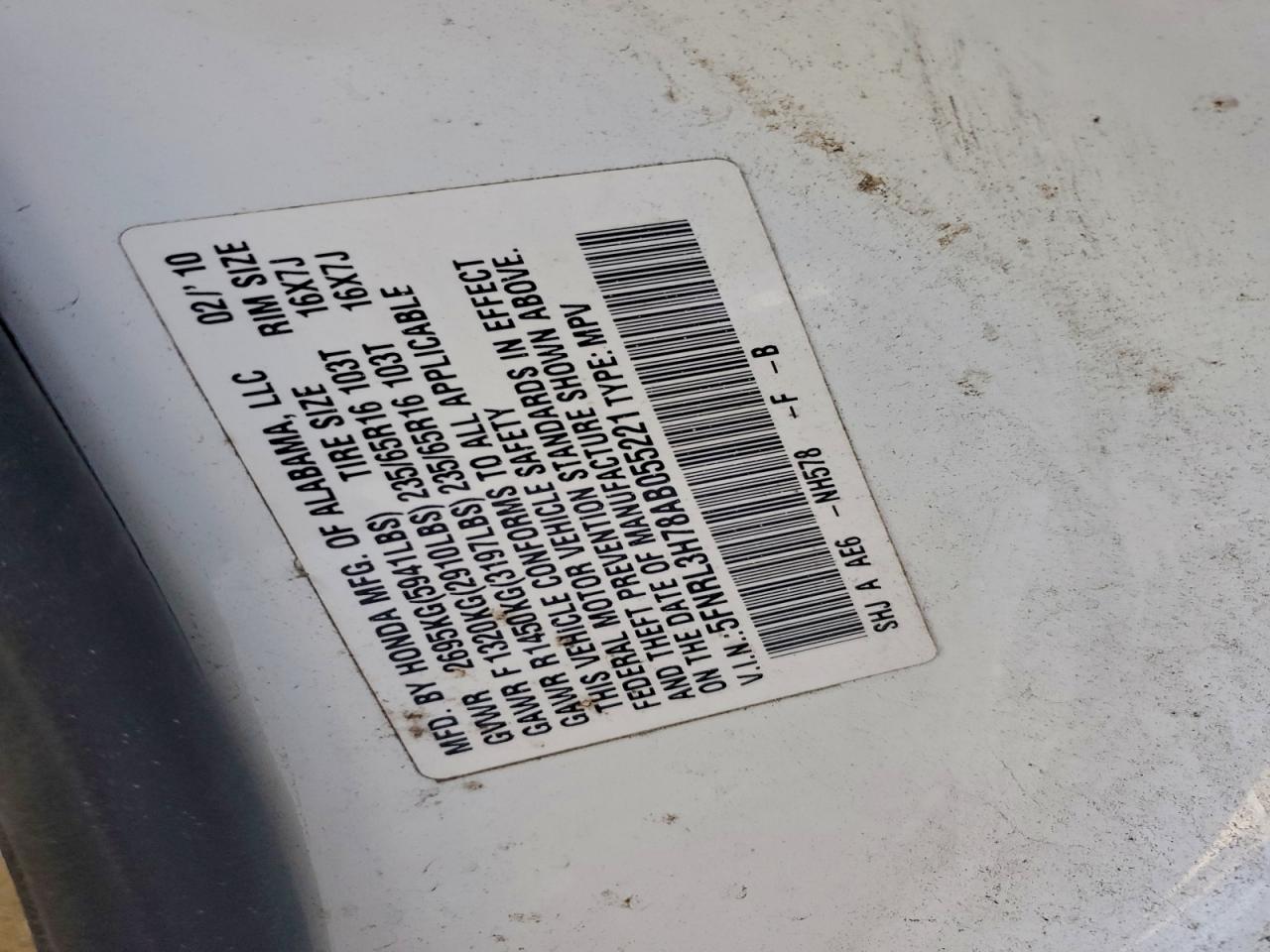 2010 Honda Odyssey Exl VIN: 5FNRL3H78AB055221 Lot: 94106255