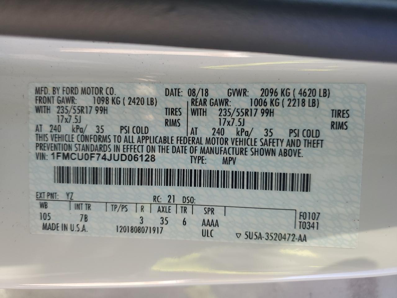 2018 Ford Escape S VIN: 1FMCU0F74JUD06128 Lot: 85413485