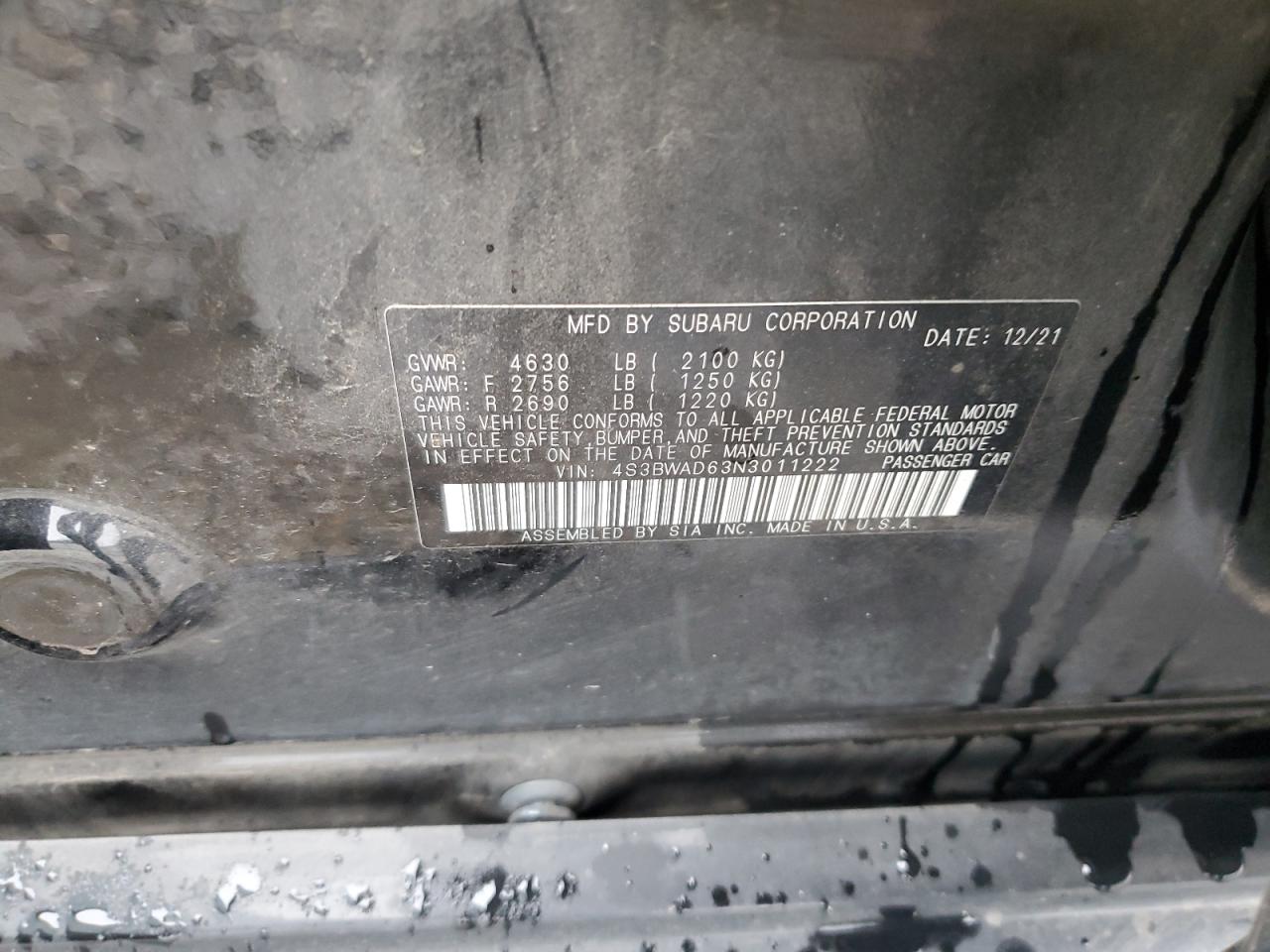 2022 Subaru Legacy Premium VIN: 4S3BWAD63N3011222 Lot: 93325655