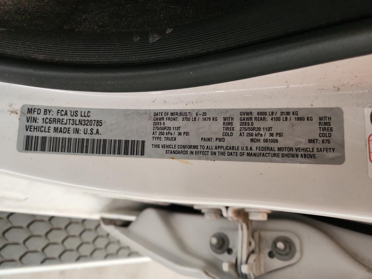 2020 Ram 1500 Laramie VIN: 1C6RREJT3LN320785 Lot: 92079685