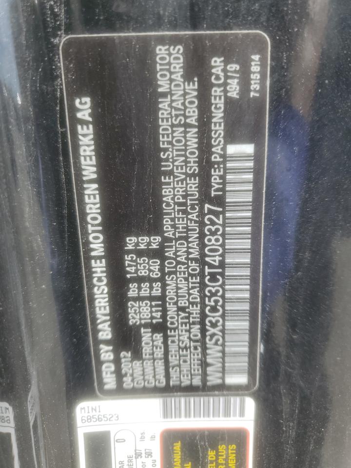 2012 Mini Cooper Coupe S VIN: WMWSX3C53CT408327 Lot: 92644615