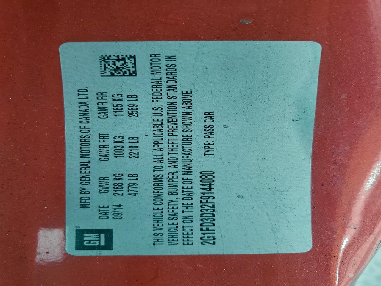 2015 Chevrolet Camaro Lt VIN: 2G1FD3D32F9144080 Lot: 93616095