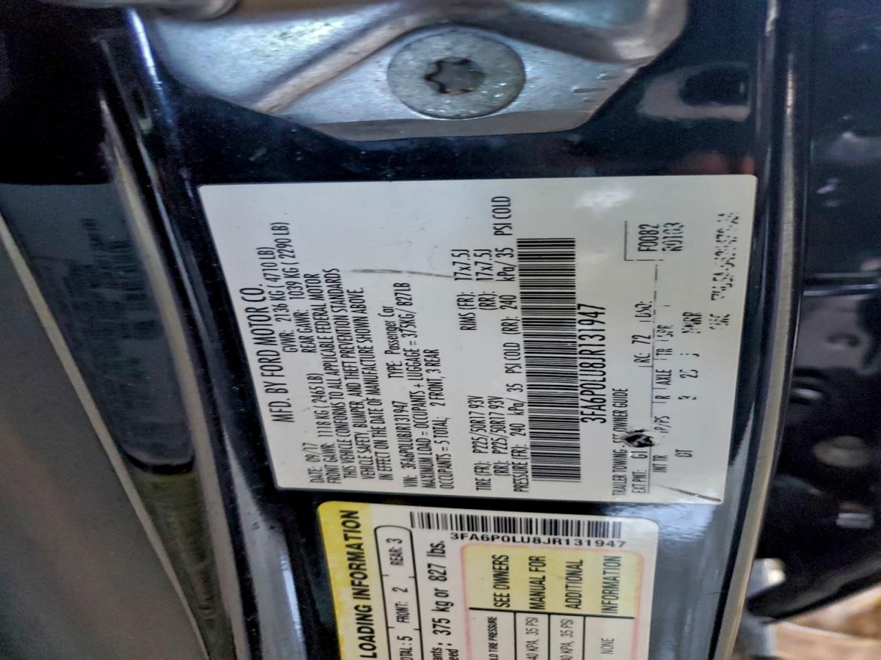 2018 Ford Fusion Se Hybrid VIN: 3FA6P0LU8JR131947 Lot: 93783915