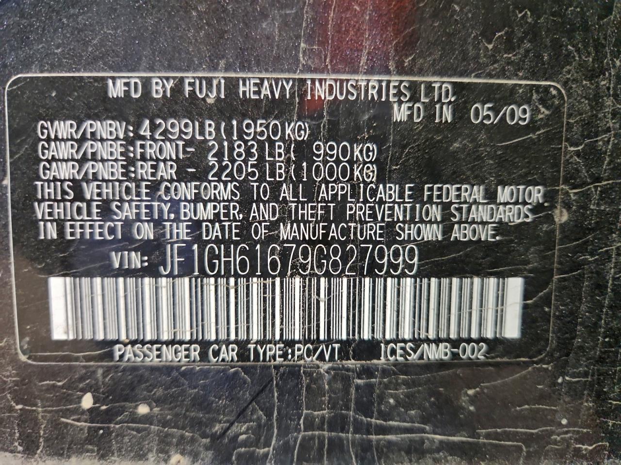 2009 Subaru Impreza 2.5I VIN: JF1GH61679G827999 Lot: 94295435