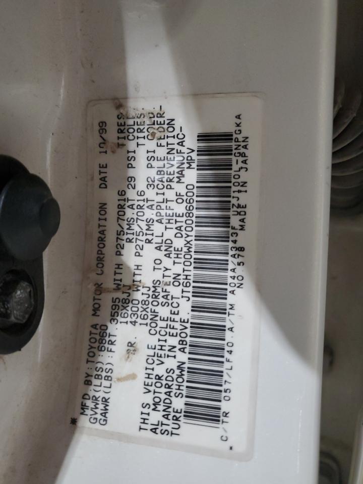 2000 Lexus Lx 470 VIN: JT6HT00WXY0086600 Lot: 93839315