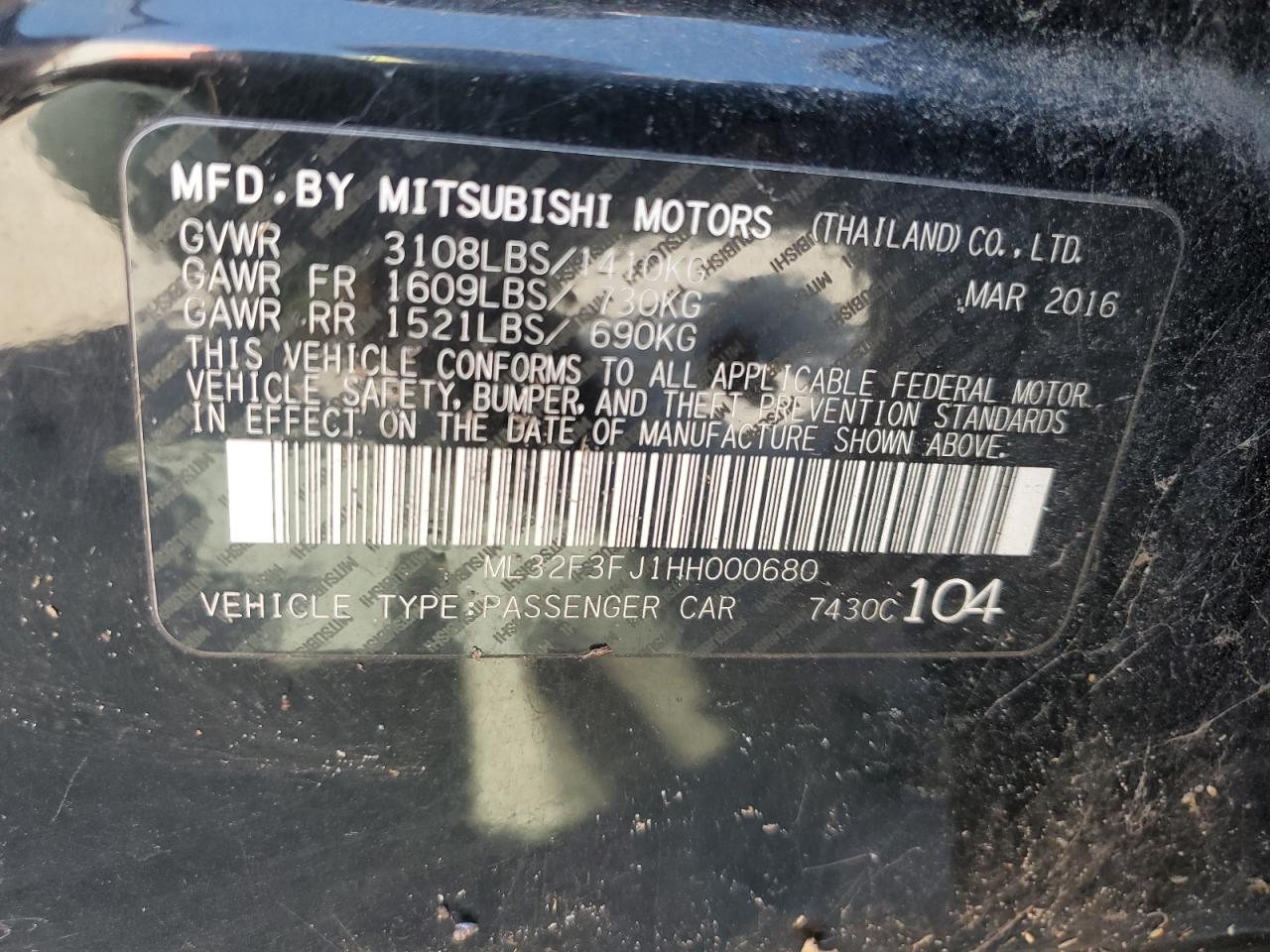 2017 Mitsubishi Mirage G4 Es VIN: ML32F3FJ1HH000680 Lot: 90781805