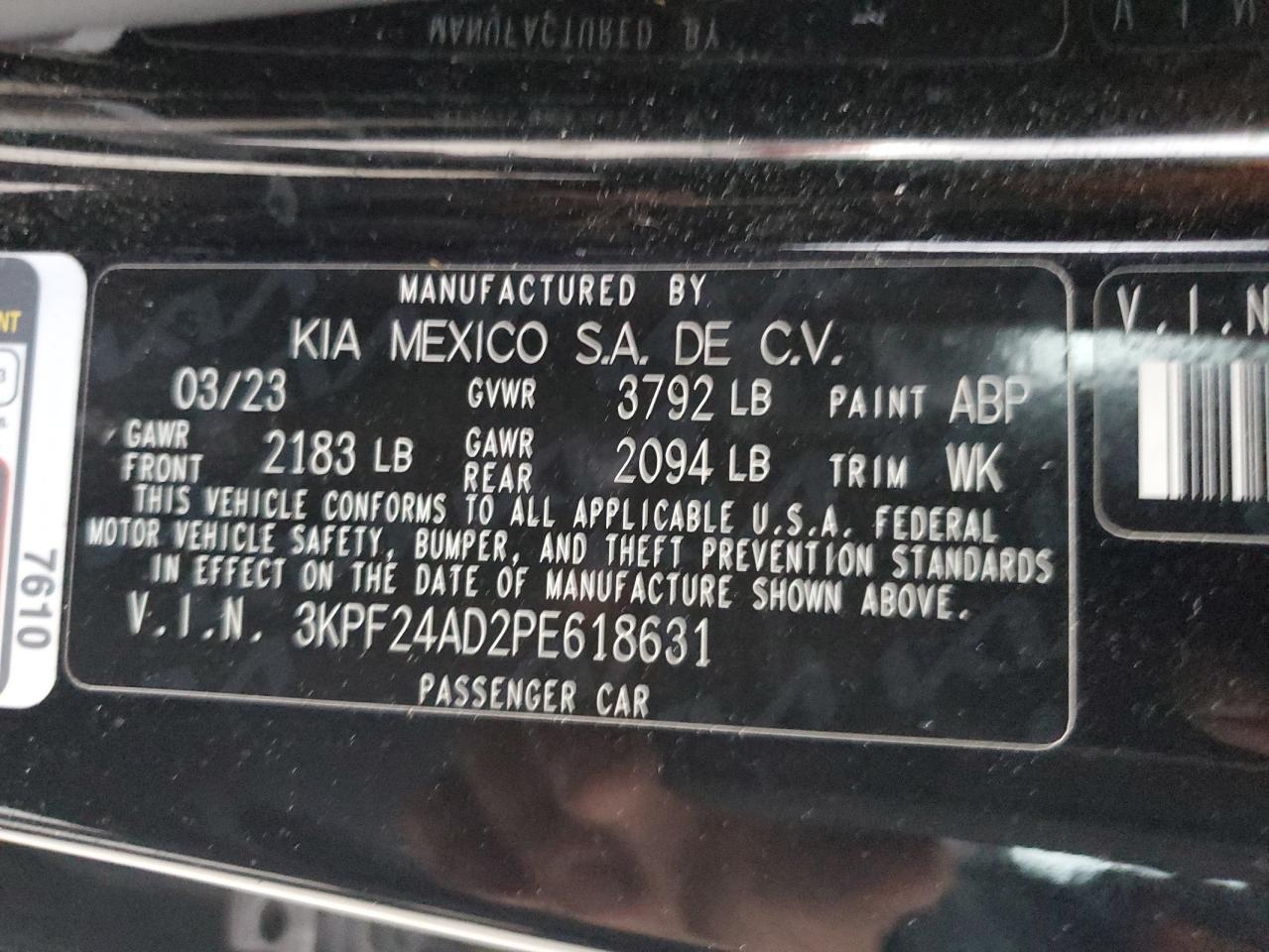 2023 Kia Forte Lx VIN: 3KPF24AD2PE618631 Lot: 92469195