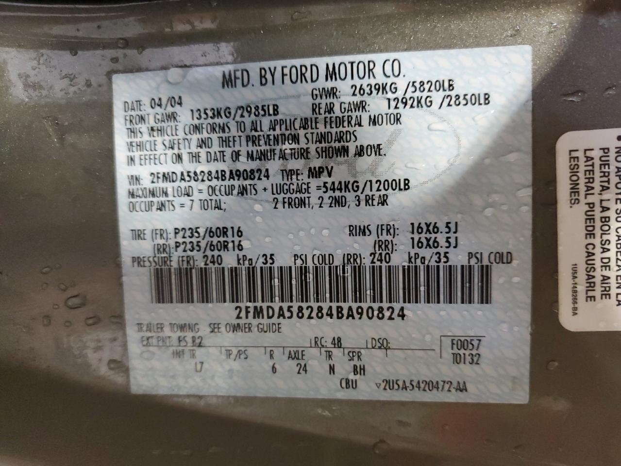 2004 Ford Freestar Limited VIN: 2FMDA58284BA90824 Lot: 93553295