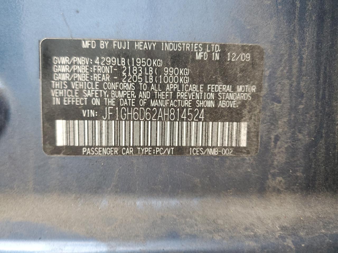 2010 Subaru Impreza Outback Sport VIN: JF1GH6D62AH814524 Lot: 91438135