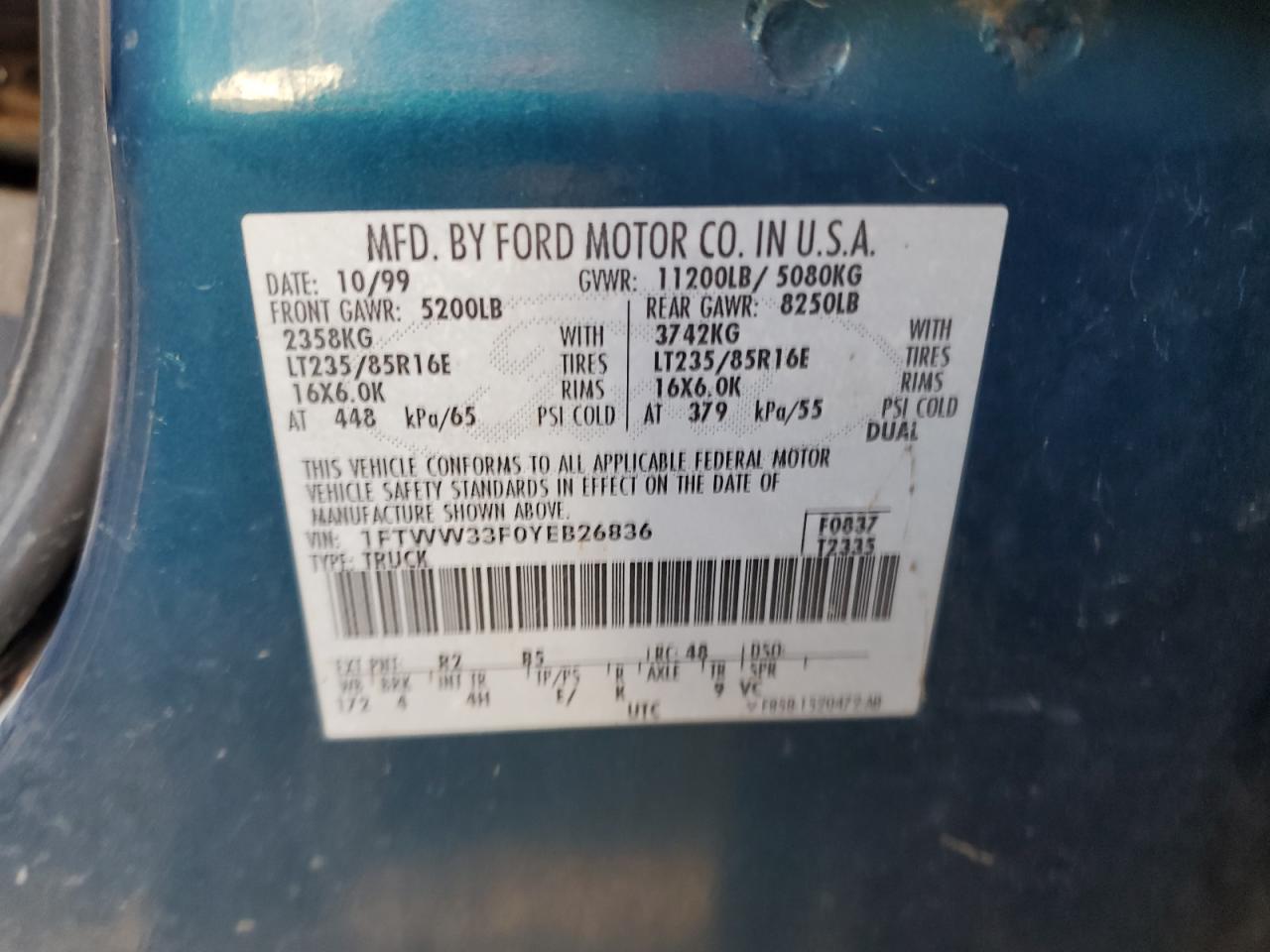 2000 Ford F350 Super Duty VIN: 1FTWW33F0YEB26836 Lot: 91652495