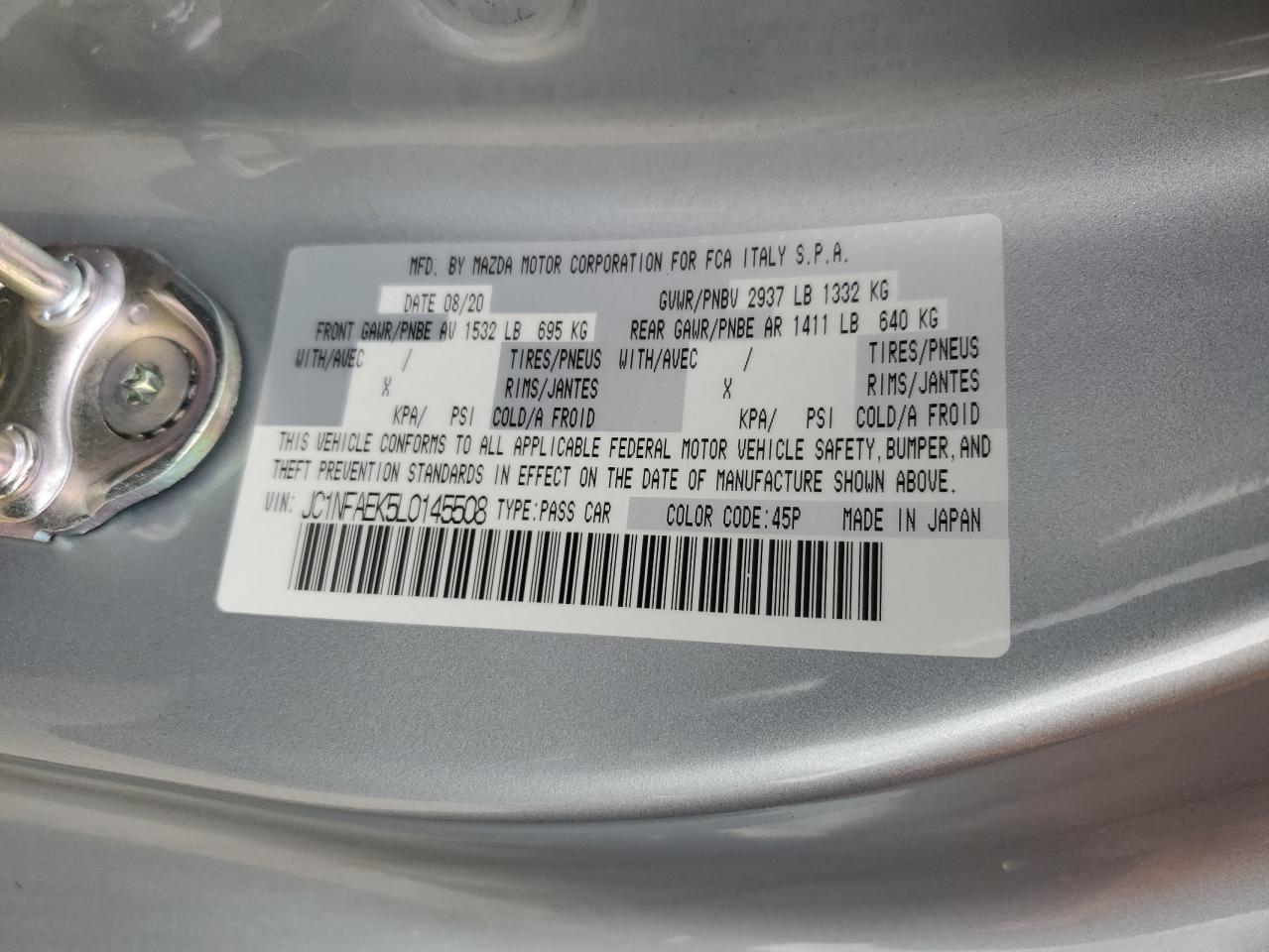 2020 Fiat 124 Spider Classica VIN: JC1NFAEK5L0145508 Lot: 91051275