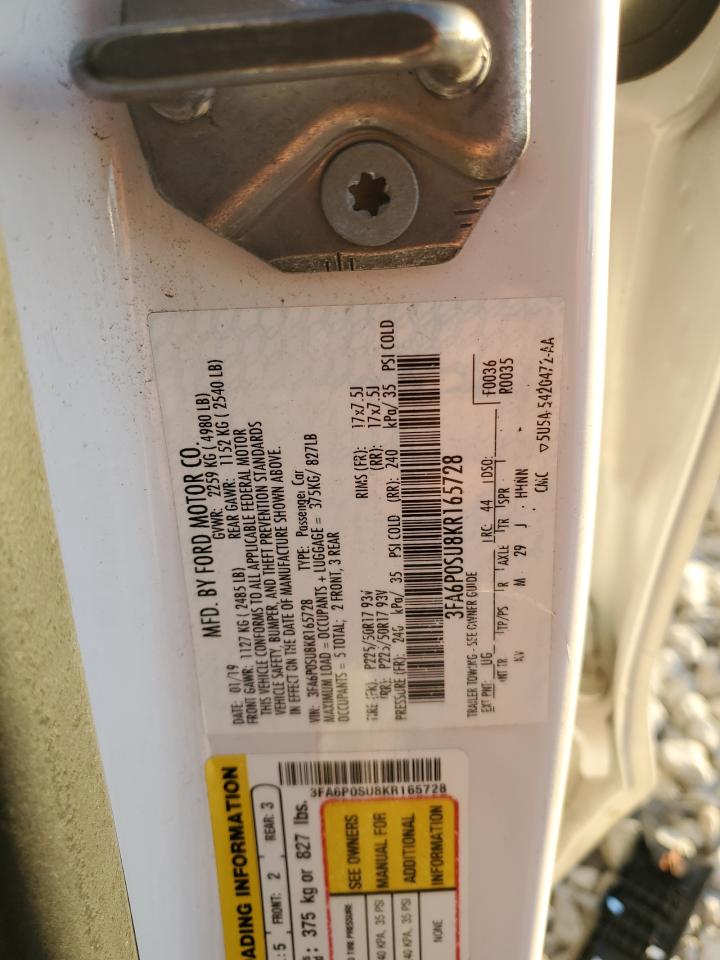 2019 Ford Fusion Titanium VIN: 3FA6P0SU8KR165728 Lot: 91252435