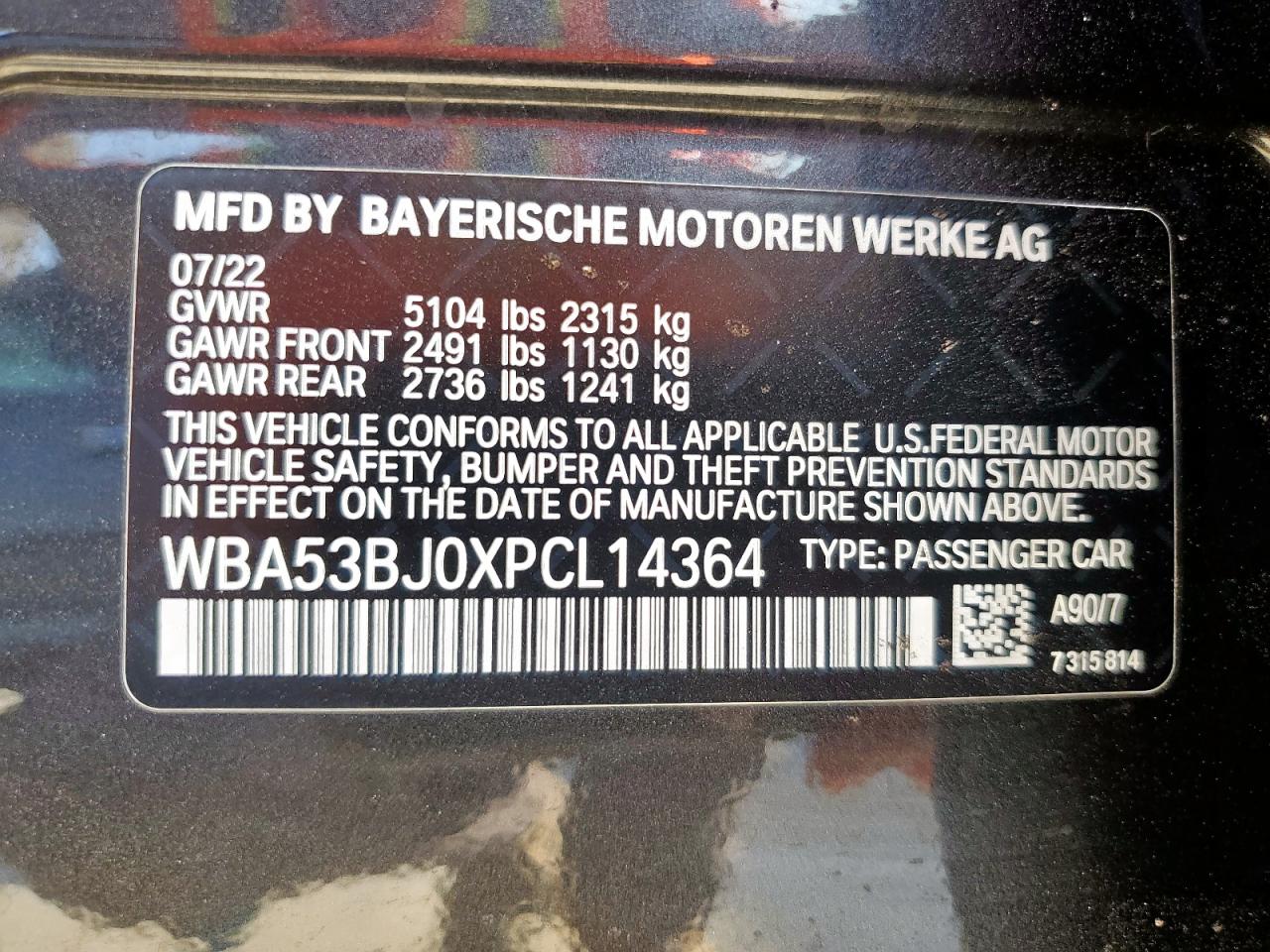 2023 BMW 540 I VIN: WBA53BJ0XPCL14364 Lot: 93151825