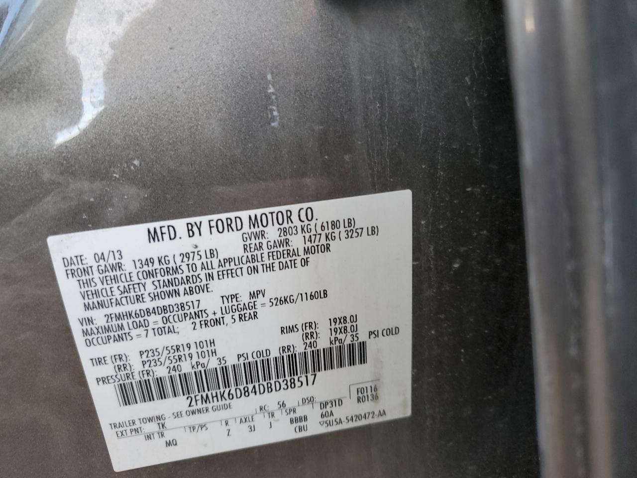 2013 Ford Flex Limited VIN: 2FMHK6D84DBD38517 Lot: 93089135