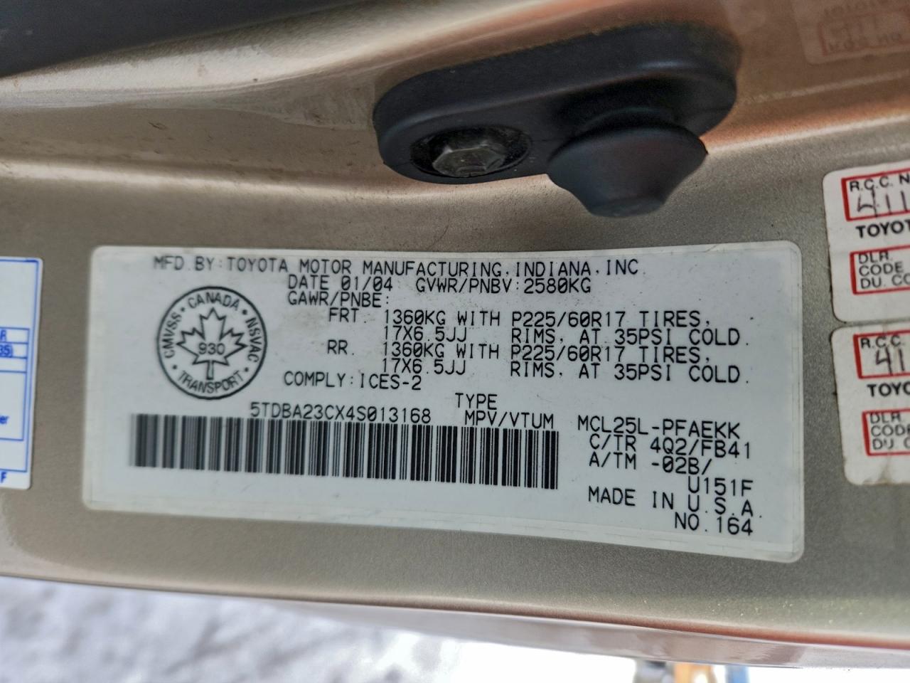 2004 Toyota Sienna Le VIN: 5TDBA23CX4S013168 Lot: 95067035