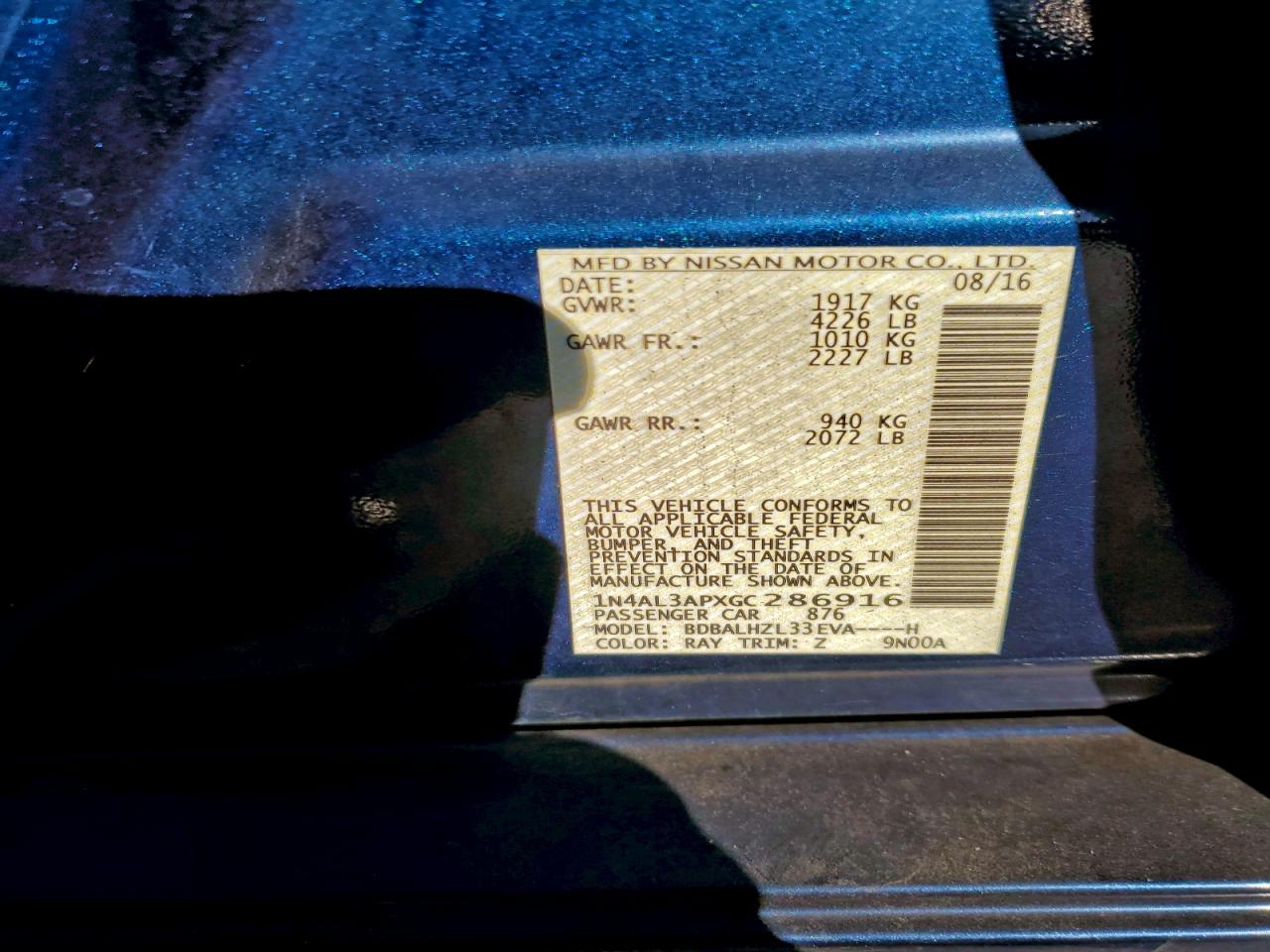 2016 Nissan Altima 2.5 VIN: 1N4AL3APXGC286916 Lot: 94287505