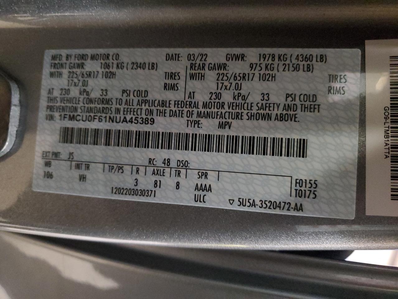 2022 Ford Escape S VIN: 1FMCU0F61NUA45389 Lot: 91801845