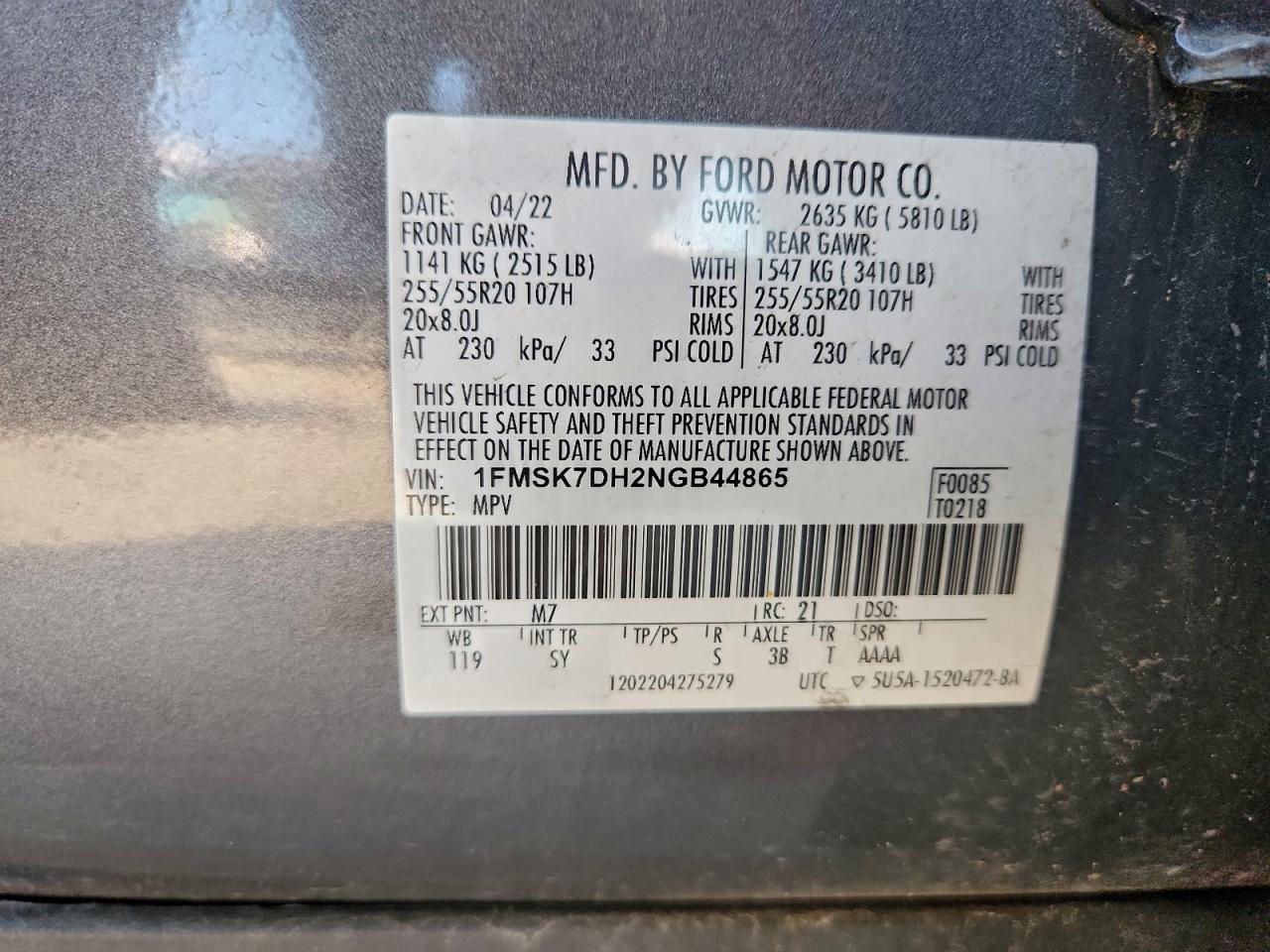 2022 Ford Explorer Xlt VIN: 1FMSK7DH2NGB44865 Lot: 94655375