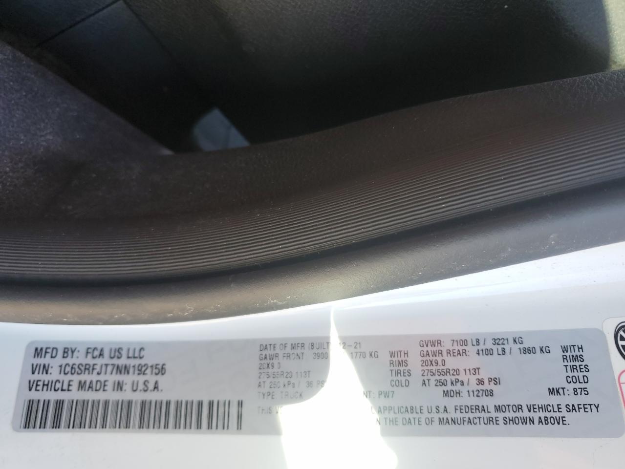 2022 Ram 1500 Laramie VIN: 1C6SRFJT7NN192156 Lot: 93426275