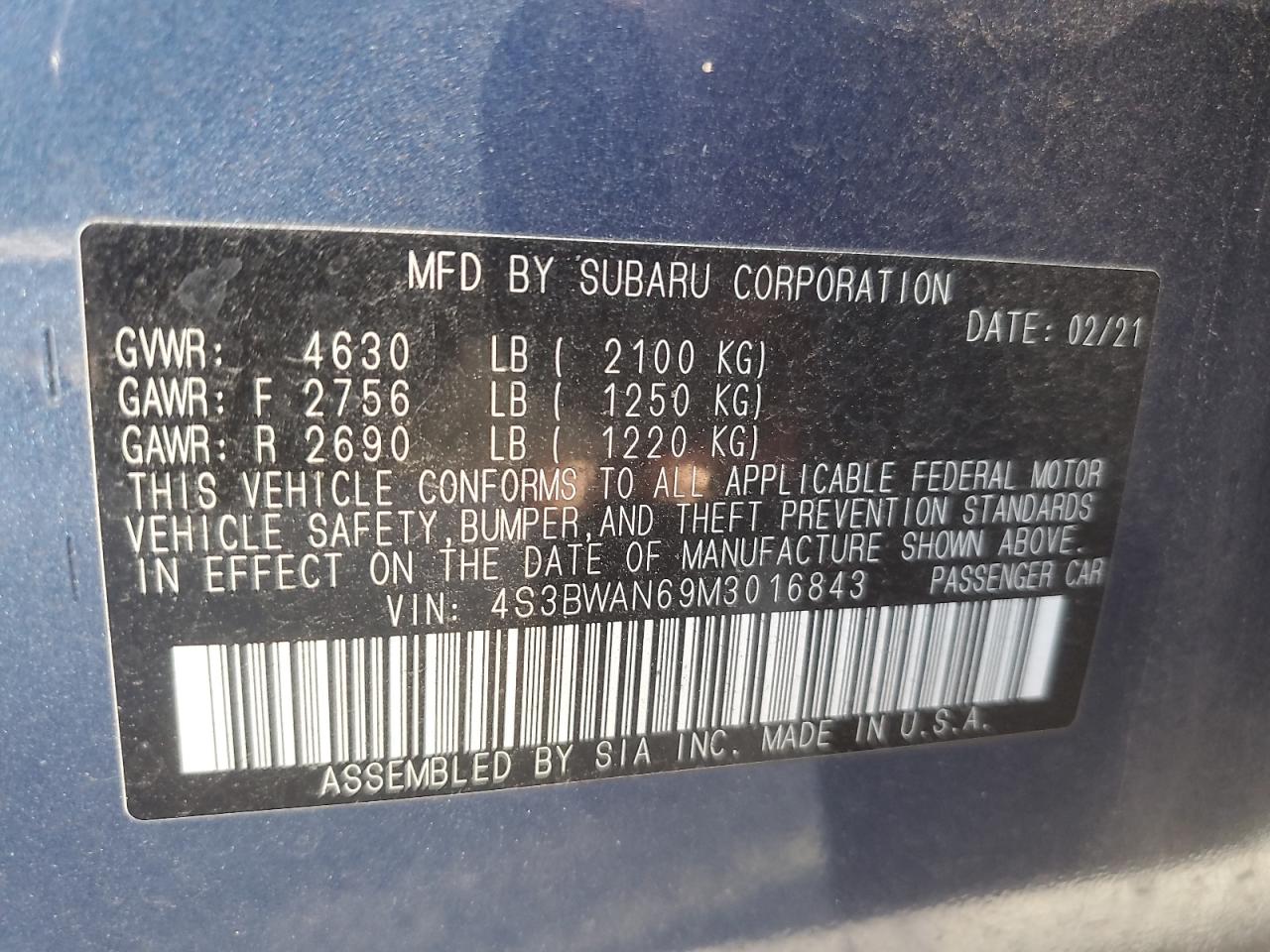 2021 Subaru Legacy Limited VIN: 4S3BWAN69M3016843 Lot: 91611605