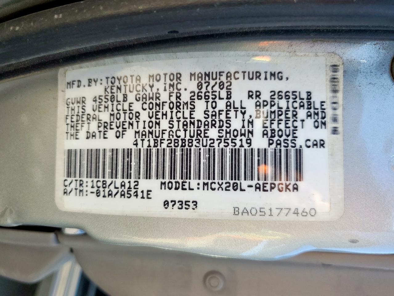 2003 Toyota Avalon Xl VIN: 4T1BF28B83U275519 Lot: 90869885