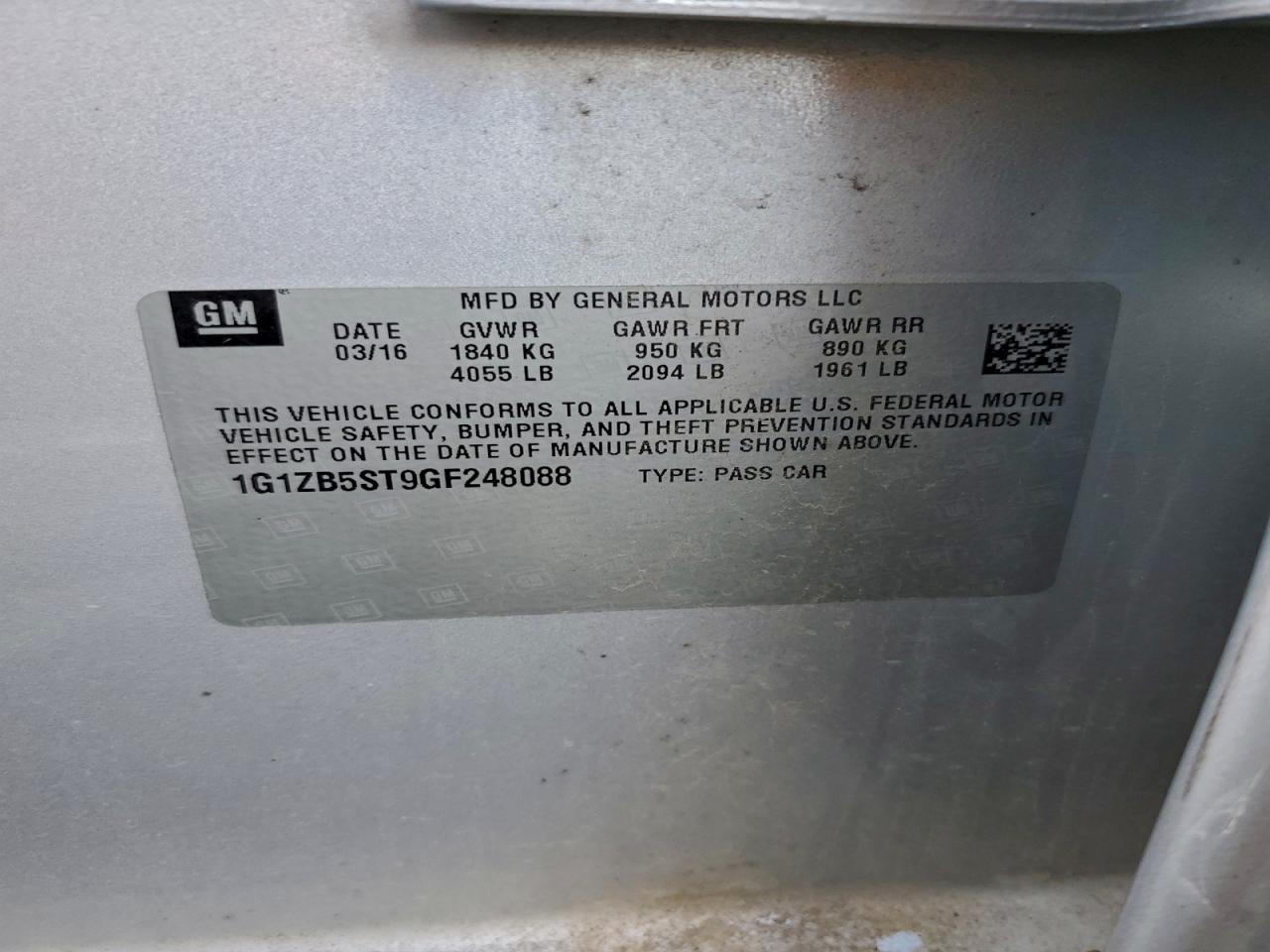 2016 Chevrolet Malibu Ls VIN: 1G1ZB5ST9GF248088 Lot: 94718825