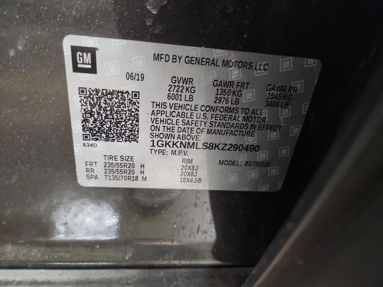 2019 GMC Acadia Slt-1 VIN: 1GKKNMLS8KZ290490 Lot: 92260175