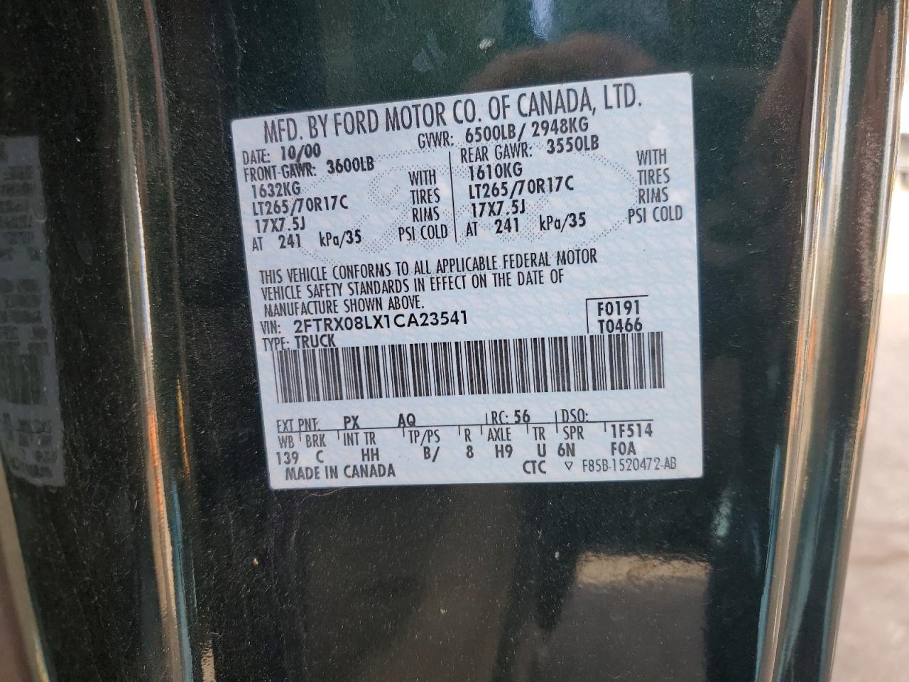 2001 Ford F150 VIN: 2FTRX08LX1CA23541 Lot: 91902115