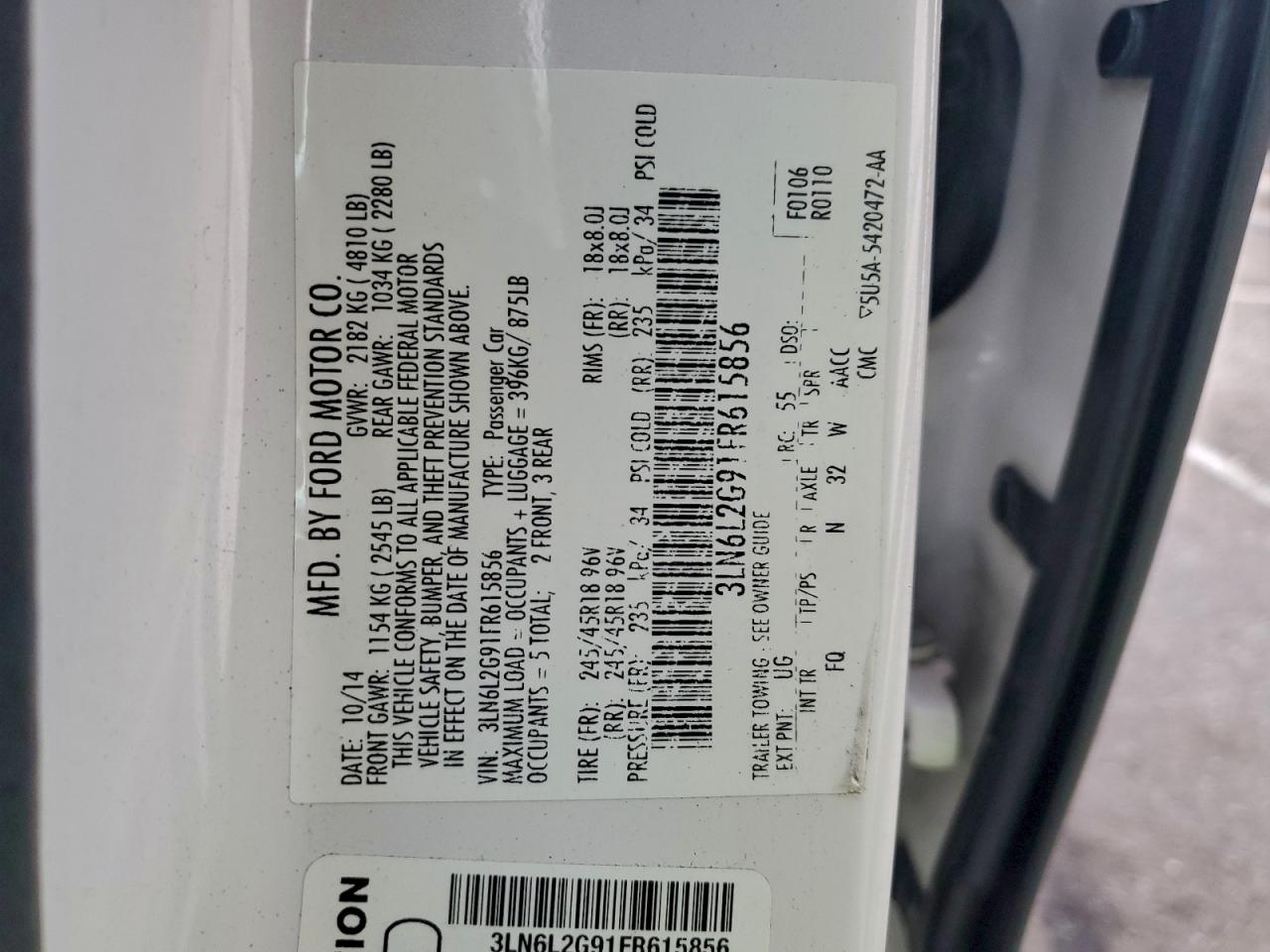 2015 Lincoln Mkz VIN: 3LN6L2G91FR615856 Lot: 93449035