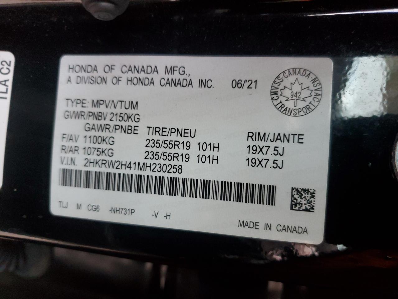 2021 Honda Cr-V Sport VIN: 2HKRW2H41MH230258 Lot: 93680735