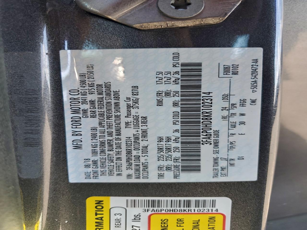 2019 Ford Fusion Se VIN: 3FA6P0HD8KR102314 Lot: 94366945