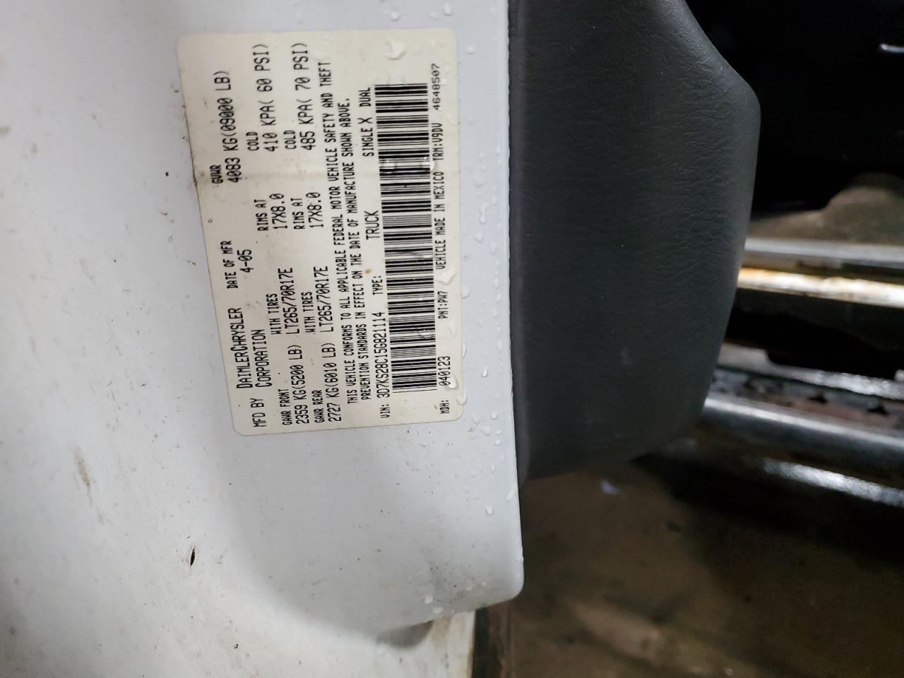 2005 Dodge Ram 2500 St VIN: 3D7KS28C15G821114 Lot: 93030185