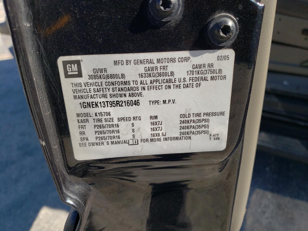 2005 Chevrolet Tahoe K1500 VIN: 1GNEK13T95R216046 Lot: 92612825