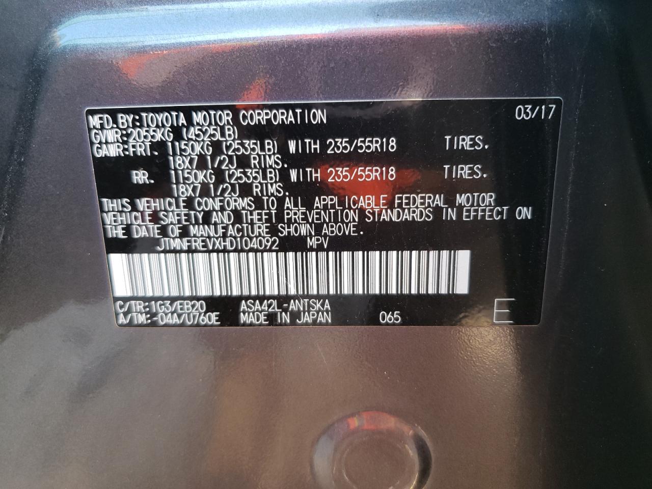 2017 Toyota Rav4 Se VIN: JTMNFREVXHD104092 Lot: 93099835