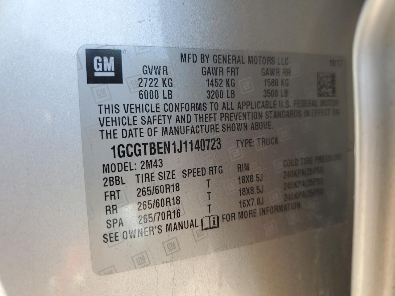 2018 Chevrolet Colorado VIN: 1GCGTBEN1J1140723 Lot: 93137105