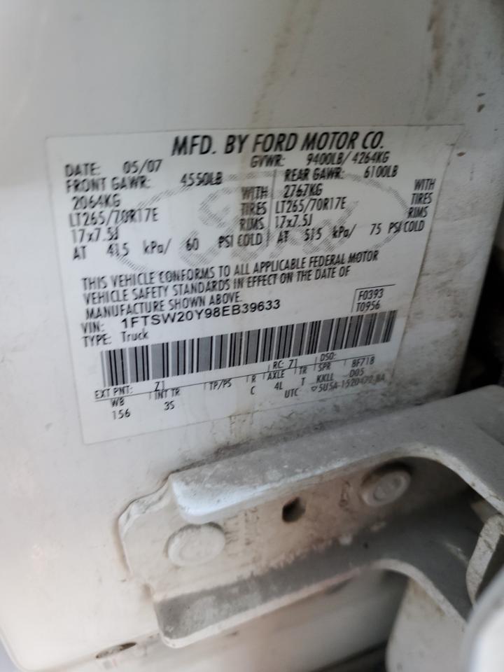 2008 Ford F250 Super Duty VIN: 1FTSW20Y98EB39633 Lot: 92890385