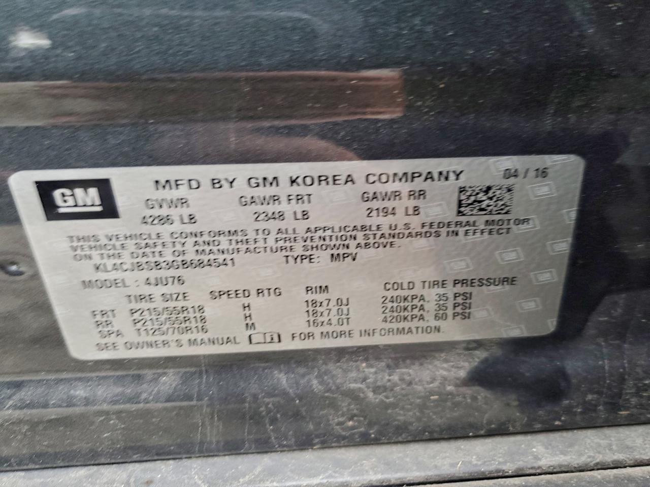 2016 Buick Encore Convenience VIN: KL4CJBSB3GB684541 Lot: 93367575