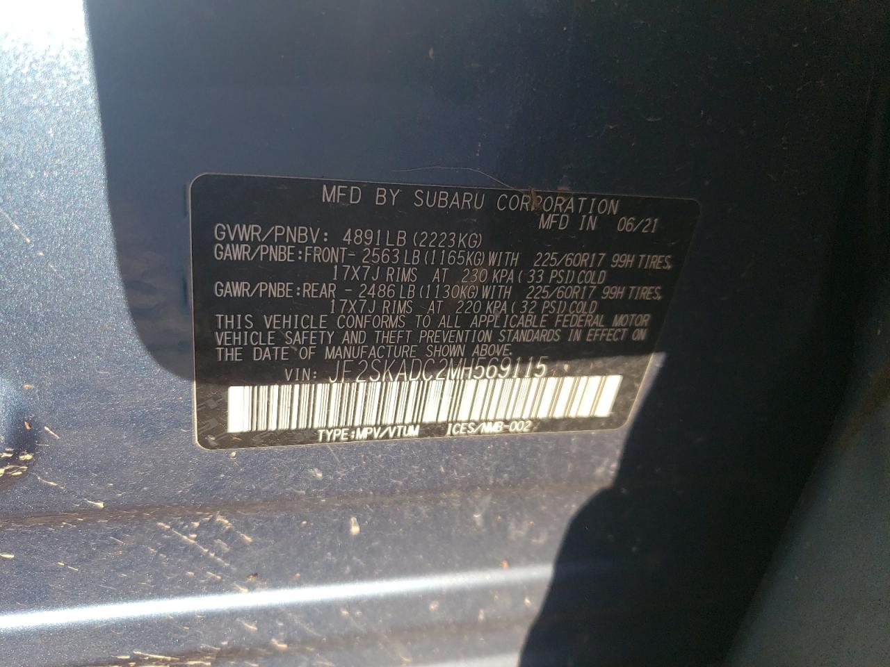 2021 Subaru Forester VIN: JF2SKADC2MH569115 Lot: 92417065