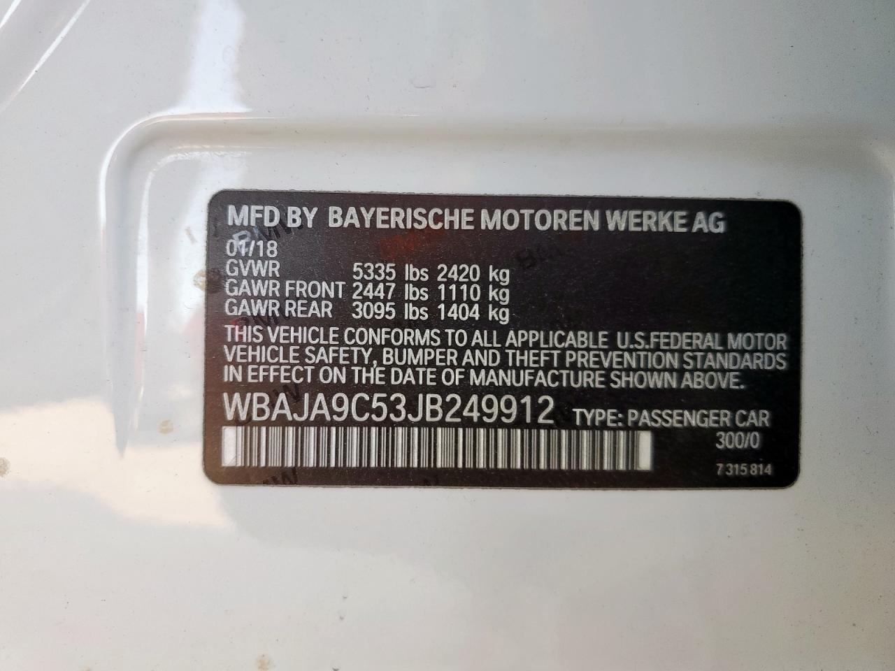 2018 BMW 530E VIN: WBAJA9C53JB249912 Lot: 91625965