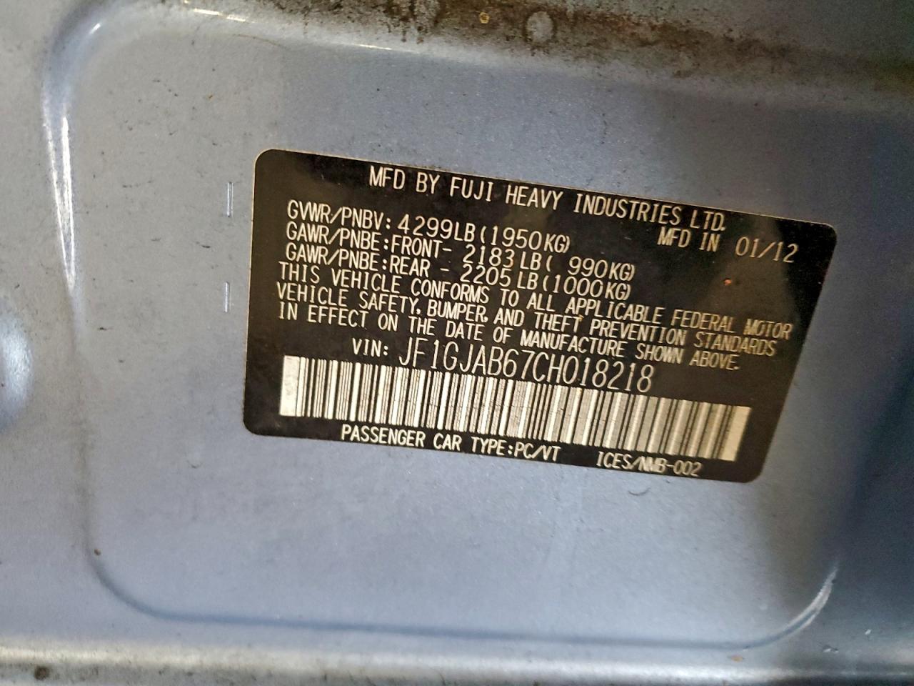 2012 Subaru Impreza Premium VIN: JF1GJAB67CH018218 Lot: 93693295