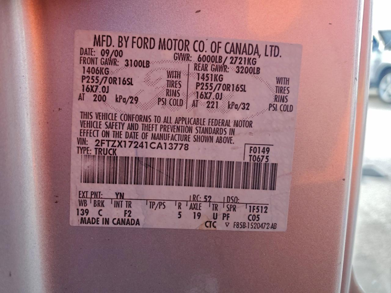 2001 Ford F150 VIN: 2FTZX17241CA13778 Lot: 93320045