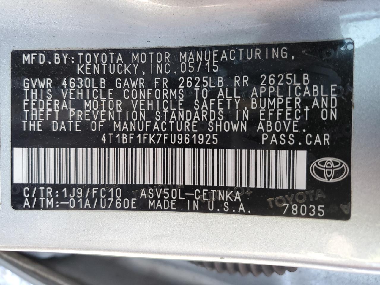 2015 Toyota Camry Le VIN: 4T1BF1FK7FU961925 Lot: 93661645