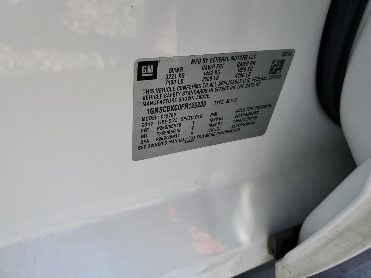 2015 Chevrolet Tahoe C1500 Lt VIN: 1GNSCBKC0FR129239 Lot: 93433775